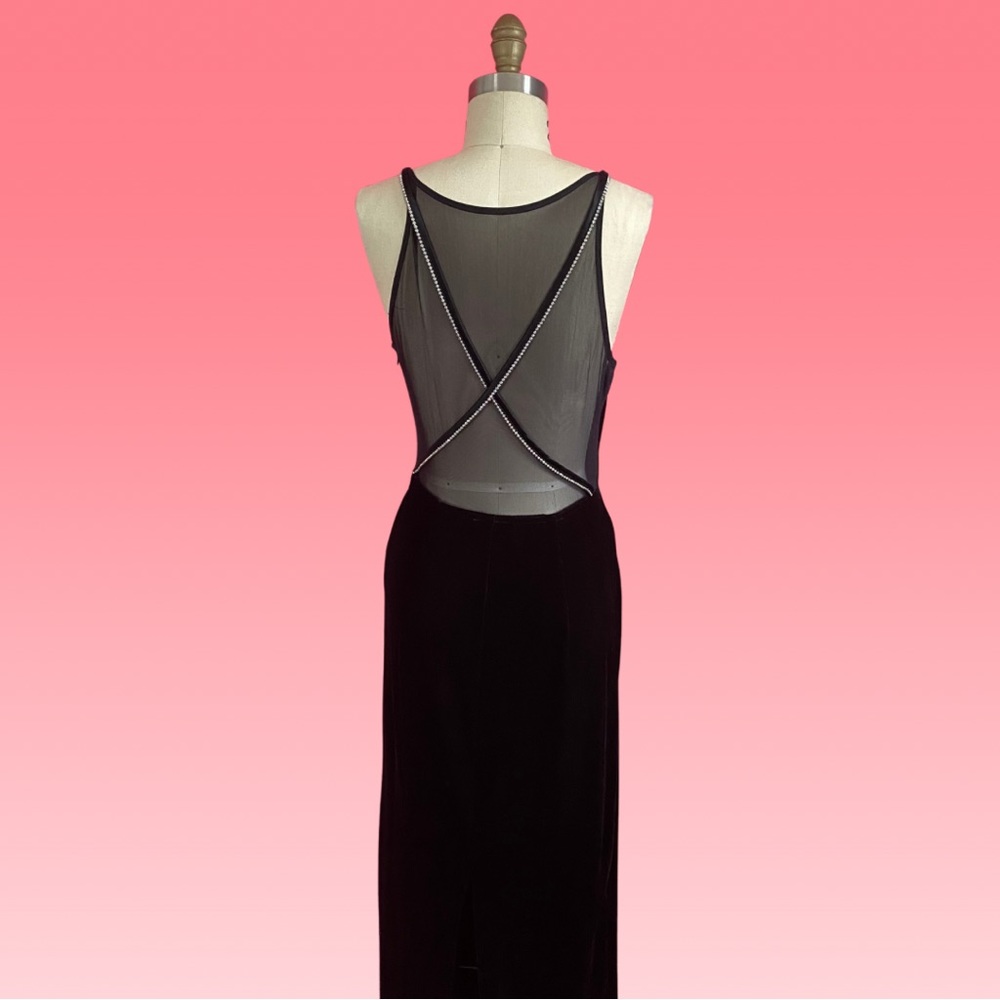Vtg 90s/Y2K STUNNING Black Velvet Stretch Maxi Dress Low Cut Back Rhinestones 10